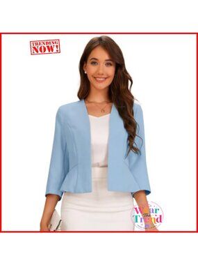 Cropped Peplum Blazer Collarless 3/4 Sleeve Open Front Business Suit Jacket